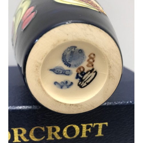 22 - Moorcroft Queens Choice Emma Bosson design  cobalt blue vase 16cm h, circa 2000 with packaging box.