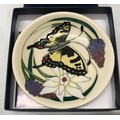 Moorcroft Butterfly and Narcissus flower design pin tray 12cm d, circa 2009 with box.
