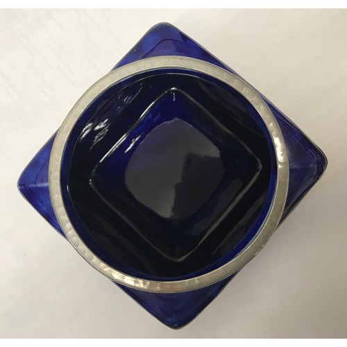 26 - A Tudric pewter mounted dark blue pansy design square biscuit barrel. lid marked H, made in England,... 