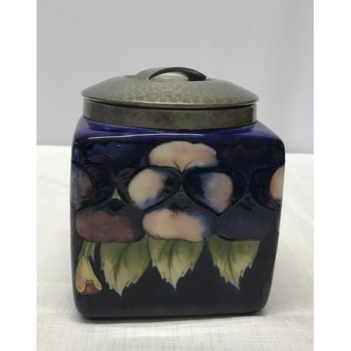 26 - A Tudric pewter mounted dark blue pansy design square biscuit barrel. lid marked H, made in England,... 