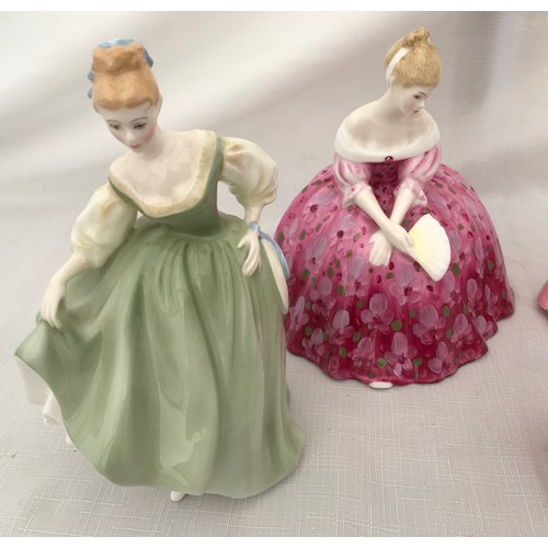 38 - Five Royal Doulton figurines. Fair Lady HN2193 20cm h, Victoria HN2471 18cm h, Janet HN1537 18cm h, ... 