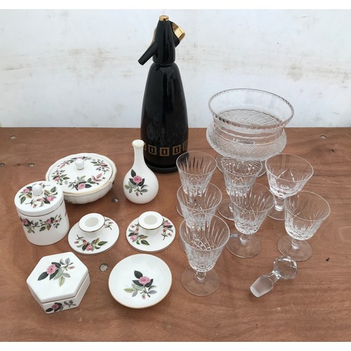 41 - A mixed lot to include Wedgwood Hathaway Rose trinket dishes, candlestick and small vase, a cut glas... 