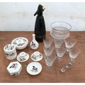A mixed lot to include Wedgwood Hathaway Rose trinket dishes, candlestick and small vase, a cut glas... 