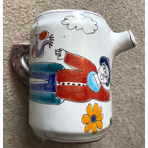 61 - An Italian Desimone pottery jug with lid of 2 hand painted flying women, birds, flowers, clouds and ... 