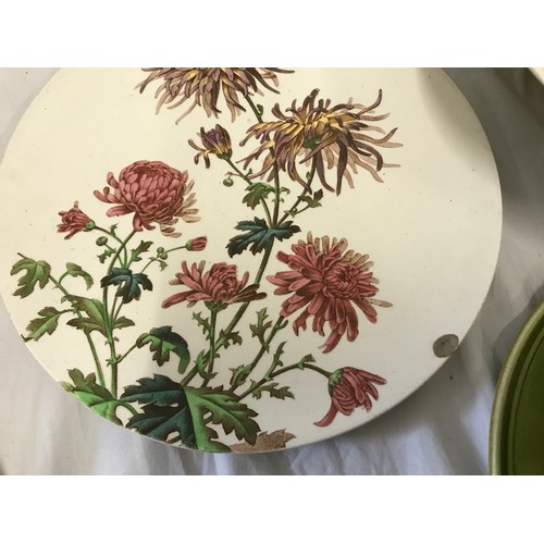 64 - Two Westhead Moore pottery plates and a cake stand 23.5cm w Chrysanthemum pattern and a set of three... 