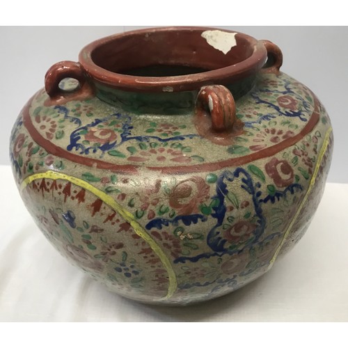 72 - Japanese floral painted pottery water pot of bulbous form 21cm h x 25cm w.