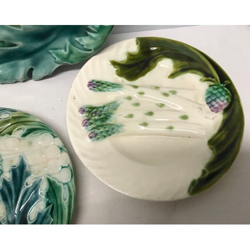 76 - French Majolica pottery asparagus plates, one large platter base stamped Luneville 36cm l x 28cm w. ... 