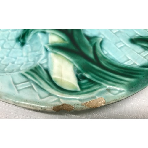 76 - French Majolica pottery asparagus plates, one large platter base stamped Luneville 36cm l x 28cm w. ... 