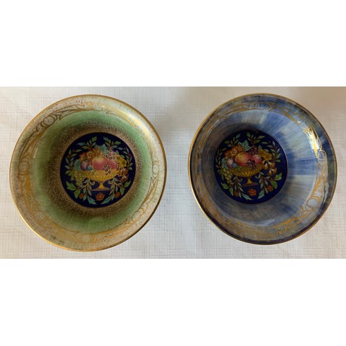 80 - Two Minton lustre bowls with interiors decorated with still lives. 11cms h.