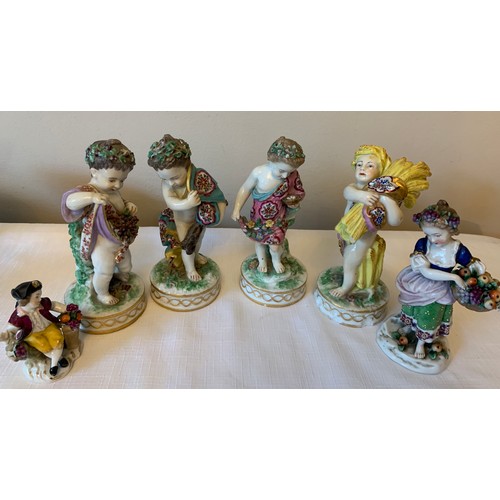 81 - Six continental porcelain figurines, possibly Samson with pseudo Derby marks including four seasons.... 