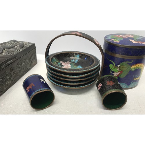 90 - A cloisonne lidded jar with dragon decoration 8cms h, dishes in a carry basket 10cms w, 2 small beak... 