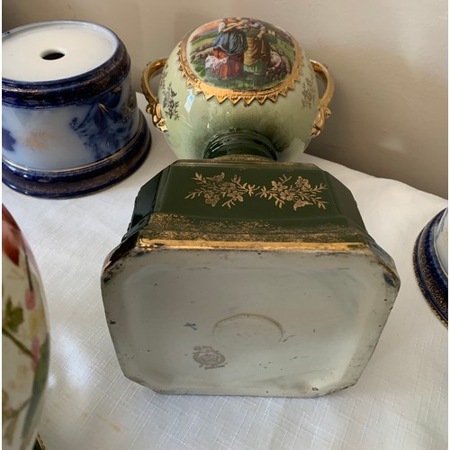 116 - Two pairs of 19thC ceramic vases plus one single twin handled transfer printed vase. Blue and white ... 