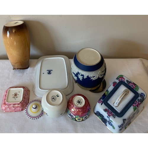 128 - Various ceramics to include 2 Maling items, a Poole jam pot, a Royal Winton vase. Adams biscuit barr... 