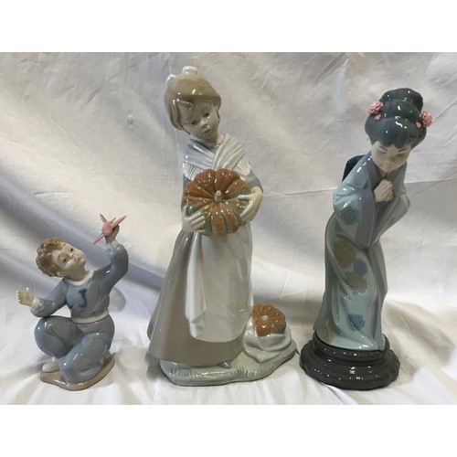 195 - Lladro and Nao Lladro figurines, Lladro Geisha Girl 27cms h, Nao Girl with Pumpkin 29cms h and Nao B... 