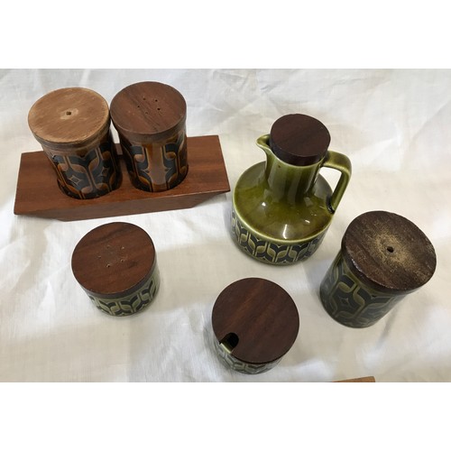 201 - Hornsea pottery selection to include brown and green condiments, egg cups and oil bottle, 6 animal p... 