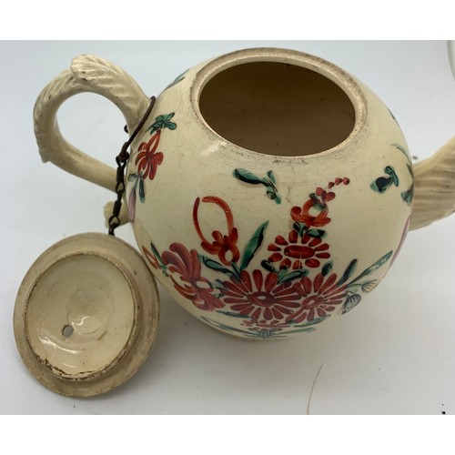 222 - An 18thC Creamware teapot a/f to spout. 18cms l x 11cms h.