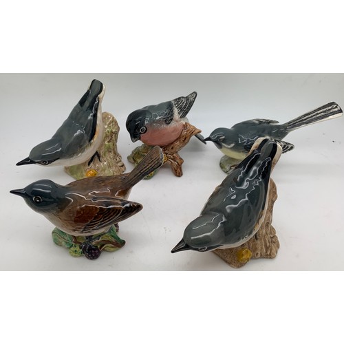 232 - Five Beswick  birds to include Whitethroat, Bullfinch, Grey Wagtail, and 2 Nuthatches in a Crawford'... 