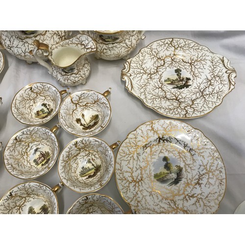 243 - A Rockingham seaweed porcelain part tea service, some pieces bearing the puce factory mark Rockingha... 