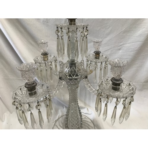 264 - A large glass five branch candelabra, 59cm h x 47cm w, base width 22cm.