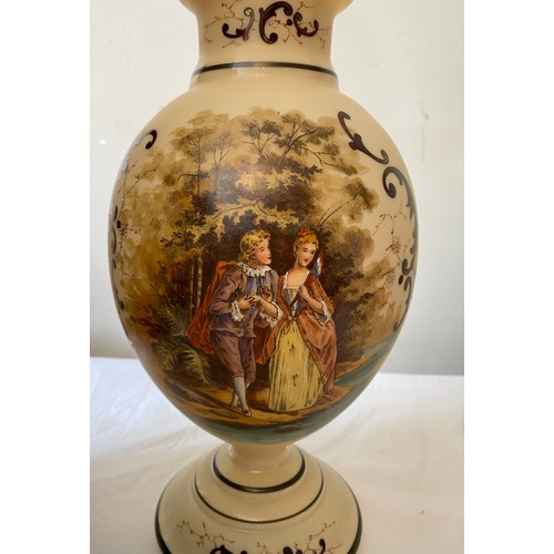 277 - Two 19thC Victorian glass vases both depicting a young couple one pale green 39cms h and one cream 3... 