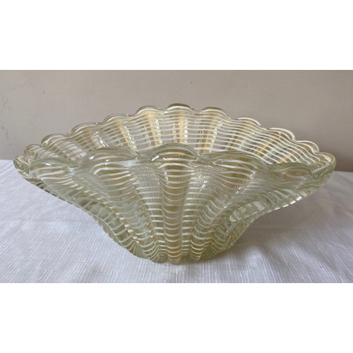 294 - A Murano glass white laced shell shaped bowl. 14cms h x 31cms w.