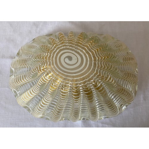 294 - A Murano glass white laced shell shaped bowl. 14cms h x 31cms w.