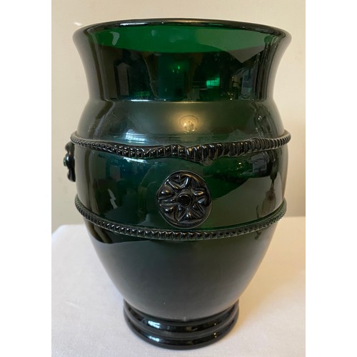 301 - A green glass vase approx. 21cms h together with a glass table lustre 26.5cms high.