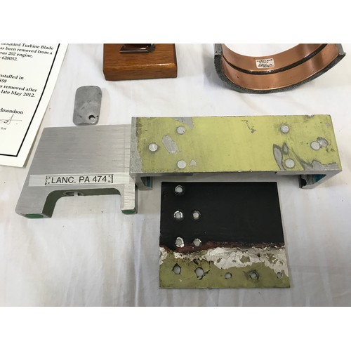 894 - Collection of aircraft section parts, some mounted including turbine blade from Vulcan XL445, compre... 