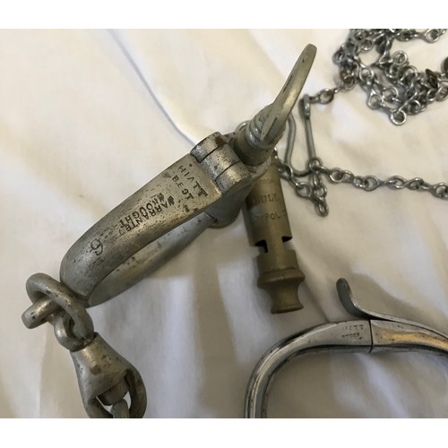 895 - Policeman's truncheon, two pairs of handcuffs Hiatt maker, one with HCP stamp and a Metropolitan whi... 