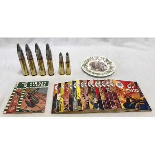 896 - A mixed lot to include 17 x War Picture comics, 2 x Air Sea Rescue comics, 4 x 30mm Cannon shells, 2... 