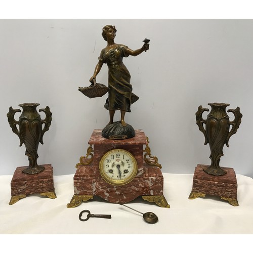 925 - A garniture clock set comprising of a marble cased clock with bronzed spelter figure and 