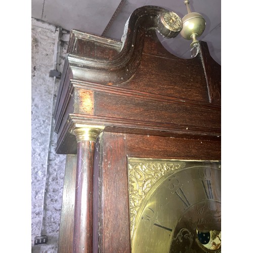 928 - A Thomas Lister of Halifax brass faced oak cased grandfather clock with swan neck top and brass fini... 