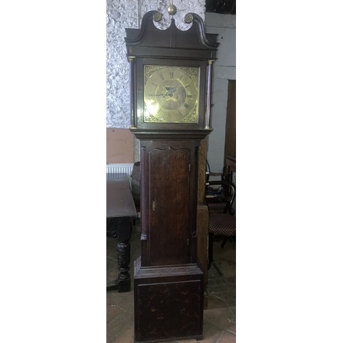 928 - A Thomas Lister of Halifax brass faced oak cased grandfather clock with swan neck top and brass fini... 