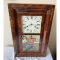 An American Seth Thomas wall mounted cased clock with walnut veneer and Victorian print to door pane... 
