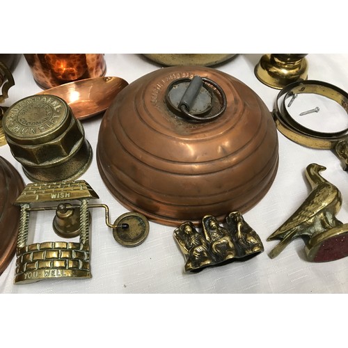 944 - Copper and brassware, large and small jam pans, two copper bed warmers, oil lamp with gimble mount, ... 