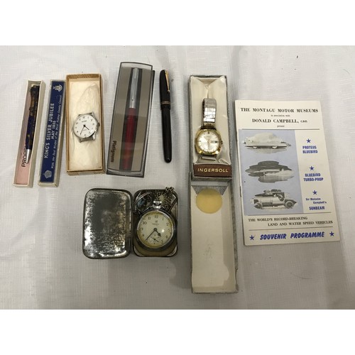 951 - Mixed lot, Swan Mabie Todd fountain pen, 14ct nib, Kings silver jubilee 1935 propelling pencil, Plat... 