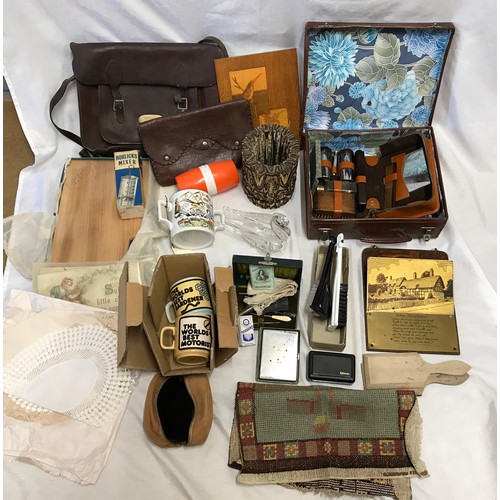 954 - Mixed lot, small brown case, travel vanity set, leather satchel, needlework case, Speed the Plough m... 