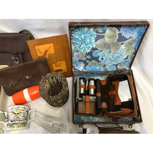 954 - Mixed lot, small brown case, travel vanity set, leather satchel, needlework case, Speed the Plough m... 