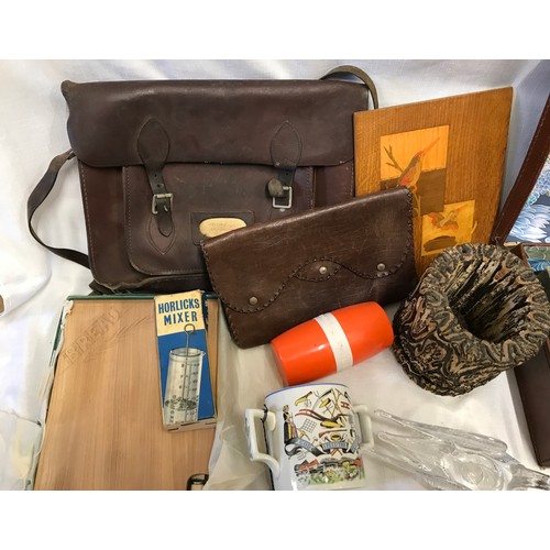 954 - Mixed lot, small brown case, travel vanity set, leather satchel, needlework case, Speed the Plough m... 