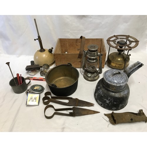 956 - Small brass jam pan, Tilley lamp, Valor stove, grey enamel double pan set, paraffin lamp, AA and St ... 