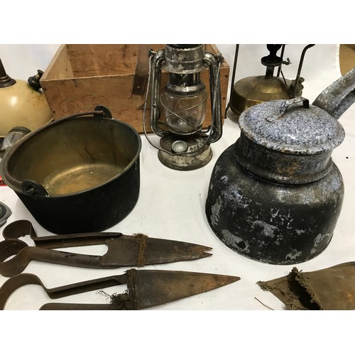 956 - Small brass jam pan, Tilley lamp, Valor stove, grey enamel double pan set, paraffin lamp, AA and St ... 