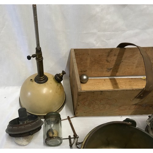 956 - Small brass jam pan, Tilley lamp, Valor stove, grey enamel double pan set, paraffin lamp, AA and St ... 