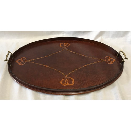 959 - Large mahogany oval tray with brass handles and painted swag decoration and folding stand base. 68 x... 