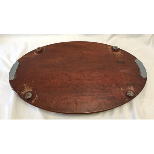 959 - Large mahogany oval tray with brass handles and painted swag decoration and folding stand base. 68 x... 