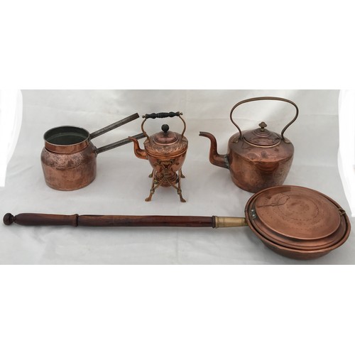 969 - A collection of copper to include a spirit kettle 28cm, a large kettle 31cm, a double saucepan 17cm ... 