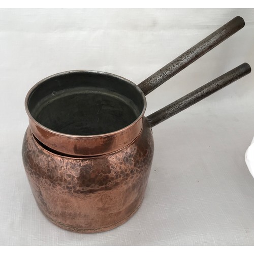 969 - A collection of copper to include a spirit kettle 28cm, a large kettle 31cm, a double saucepan 17cm ... 