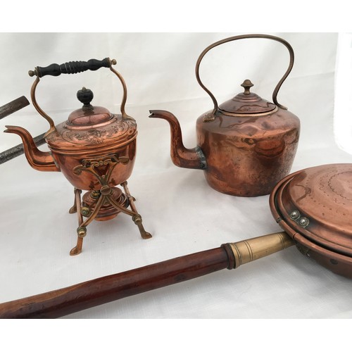 969 - A collection of copper to include a spirit kettle 28cm, a large kettle 31cm, a double saucepan 17cm ... 