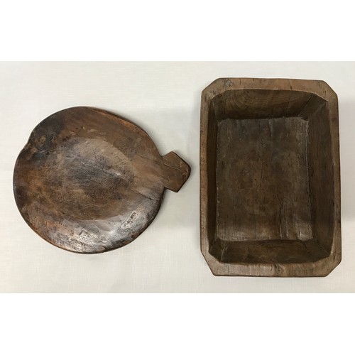 970 - A rustic hand craved wooden tray 37.5cm l x 26cm w x 6cm d together with a hand craved heavy wooden ... 