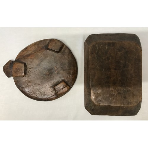 970 - A rustic hand craved wooden tray 37.5cm l x 26cm w x 6cm d together with a hand craved heavy wooden ... 