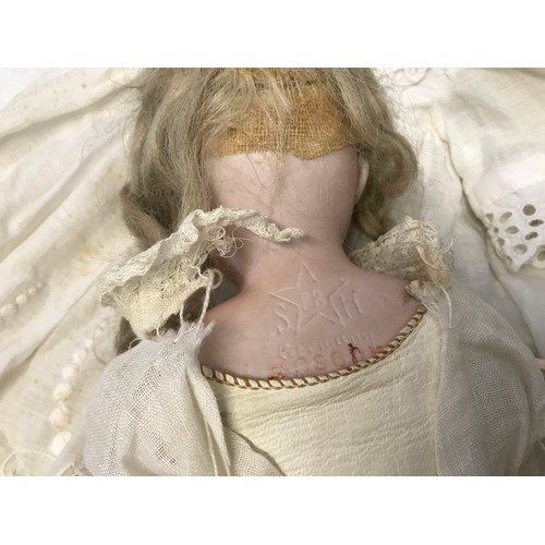 974 - Rosebud, a German pot headed doll. P.B. S.H. pot hands with leather body approx 43cm h.